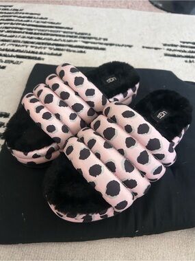 UGG Pink and Black Leopard Quilted Platform Slide Slippers